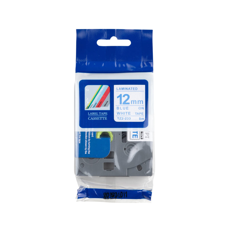 Brother compatible TZE-233 tape, blauw op wit, 12 mm x 8 m - Lettertapes.nl